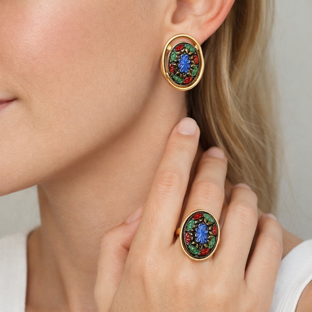 Vintage 60's  Sarah Coventry Enamel Floral Clip Earrings‎ & Ring Blue Red Green